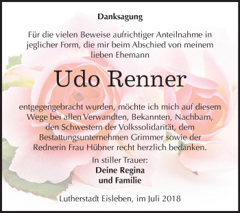Traueranzeige von Udo Renner von Mitteldeutsche Zeitung