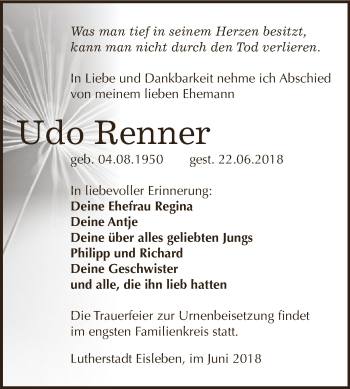Traueranzeige von Udo Renner von Wochenspiegel Mansfelder Land