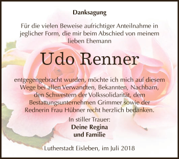 Traueranzeige von Udo Renner von Wochenspiegel Mansfelder Land