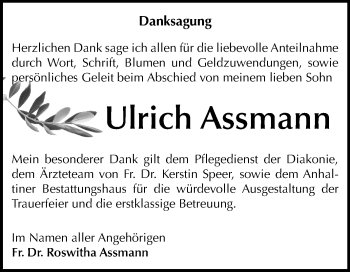 Traueranzeige von Ulrich Assmann von Mitteldeutsche Zeitung Dessau-Roßlau