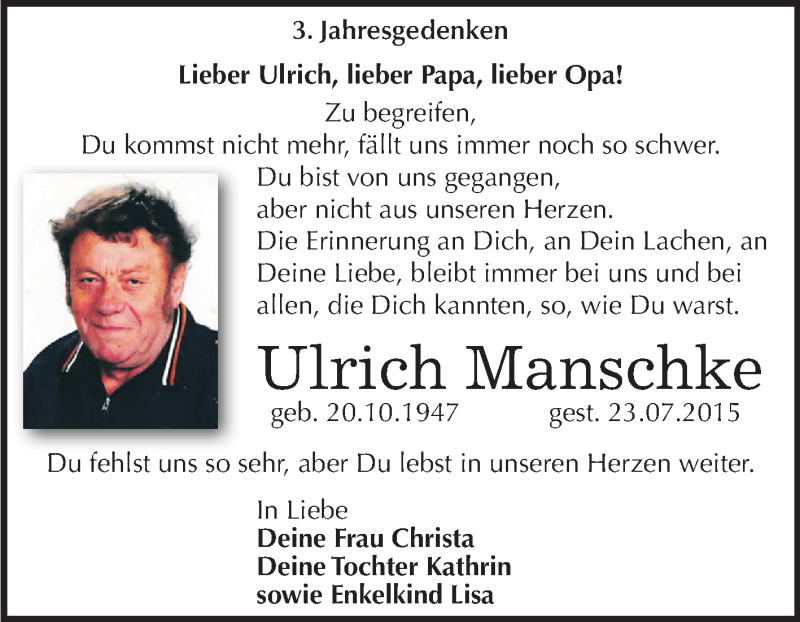  Traueranzeige für Ulrich Manschke vom 23.07.2018 aus Mitteldeutsche Zeitung Köthen