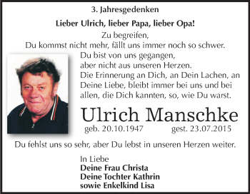 Traueranzeige von Ulrich Manschke von Mitteldeutsche Zeitung Köthen