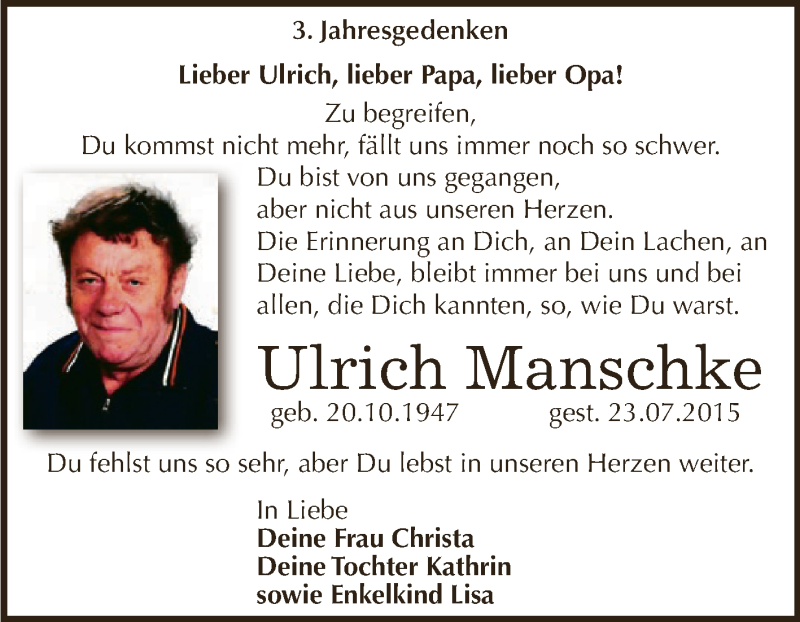  Traueranzeige für Ulrich Manschke vom 21.07.2018 aus Super Sonntag SGH Mansf. Land