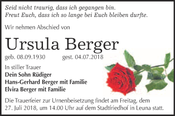 Traueranzeige von Ursula Berger von WVG - Wochenspiegel Merseburg