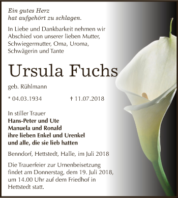 Traueranzeige von Ursula Fuchs von Wochenspiegel Mansfelder Land