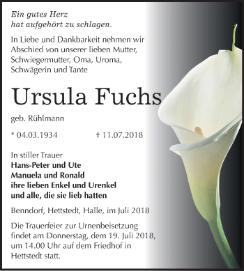 Traueranzeige von Ursula Fuchs von Mitteldeutsche Zeitung