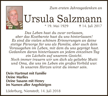 Traueranzeige von Ursula Salzmann von Super Sonntag SGH Mansf. Land