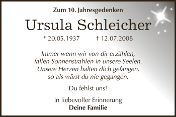 Traueranzeige von Ursula Schleicher von WVG - Wochenspiegel NMB / WSF / ZTZ