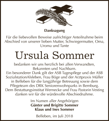 Traueranzeige von Ursula Sommer von Super Sonntag Bernburg