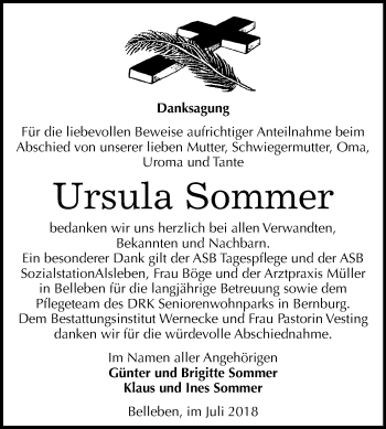 Traueranzeige von Ursula Sommer von Mitteldeutsche Zeitung