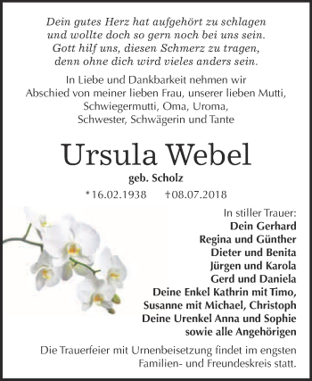 Traueranzeige von Ursula Webel von WVG - Wochenspiegel Bitterfeld