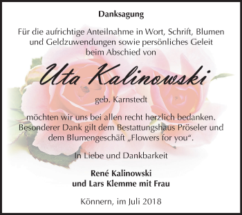 Traueranzeige von Uta Kalinowski von Mitteldeutsche Zeitung Bernburg