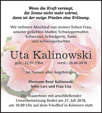 Traueranzeige von Uta Kalinowski von Mitteldeutsche Zeitung Bernburg