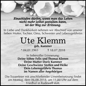 Traueranzeige von Ute Klemm von Mitteldeutsche Zeitung Halle/Saalkreis