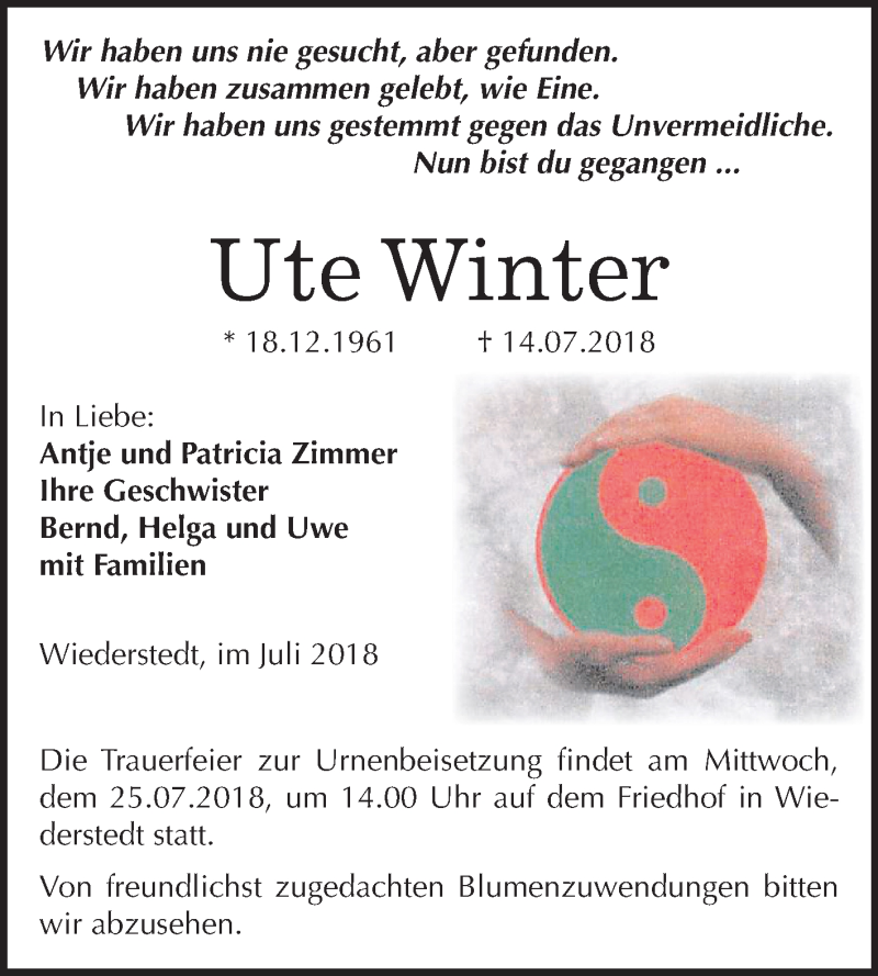  Traueranzeige für Ute Winter vom 20.07.2018 aus Mitteldeutsche Zeitung