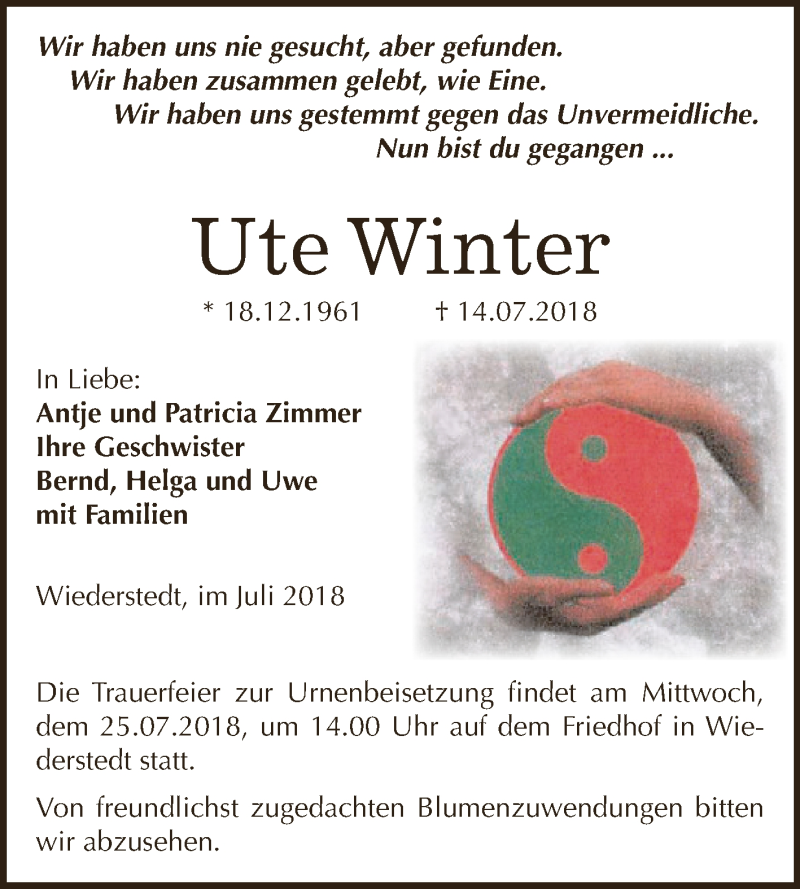  Traueranzeige für Ute Winter vom 21.07.2018 aus Super Sonntag SGH Mansf. Land