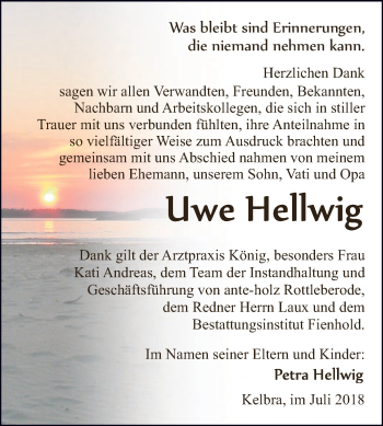 Traueranzeige von Uwe Hellwig von Super Sonntag SGH Mansf. Land