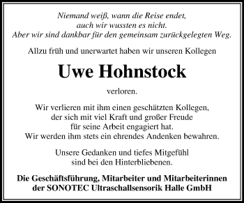 Traueranzeige von Uwe Hohnstock von Mitteldeutsche Zeitung Halle/Saalkreis