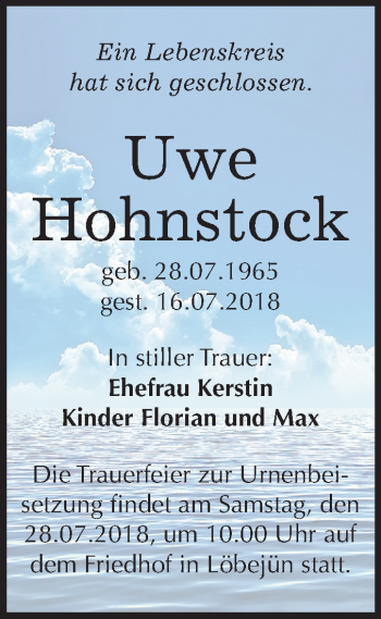 Traueranzeige von Uwe Hohnstock von Mitteldeutsche Zeitung Halle/Saalkreis