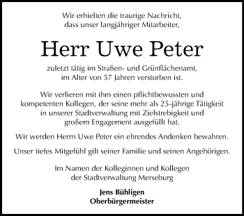 Traueranzeige von Uwe Peter von Mitteldeutsche Zeitung Merseburg/Querfurt