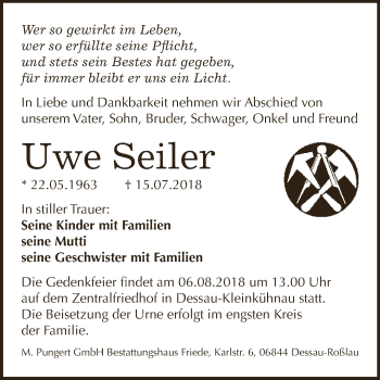 Traueranzeige von Uwe Seiler von WVG - Wochenspiegel Dessau / Köthen