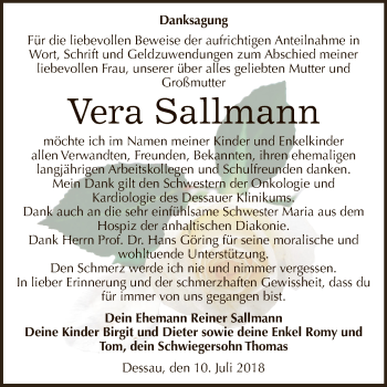 Traueranzeige von Vera Sallmann von WVG - Wochenspiegel Dessau / Köthen