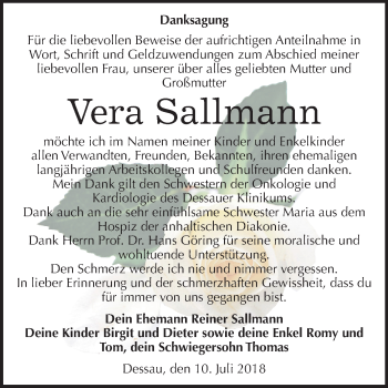 Traueranzeige von Vera Sallmann von Mitteldeutsche Zeitung Dessau-Roßlau