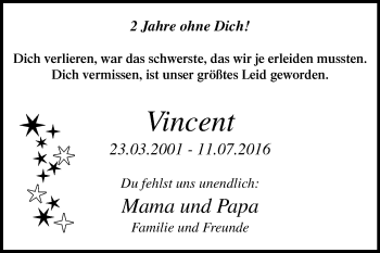 Traueranzeige von Vincent  von Mitteldeutsche Zeitung Aschersleben