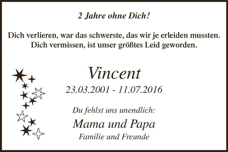  Traueranzeige für Vincent  vom 11.07.2018 aus Super Sonntag Aschersleben