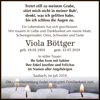 Traueranzeige von Viola Böttger von WVG - Wochenspiegel NMB / WSF / ZTZ