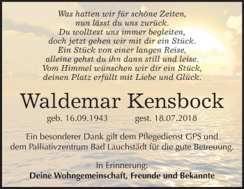 Traueranzeige von Waldemar Kensbock von Mitteldeutsche Zeitung