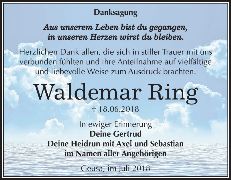  Traueranzeige für Waldemar Ring vom 21.07.2018 aus Mitteldeutsche Zeitung