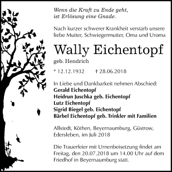 Traueranzeige von Wally Eichentopf von Mitteldeutsche Zeitung Sangerhausen