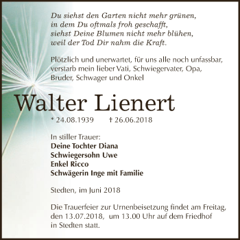 Traueranzeige von Walter Lienert von Wochenspiegel Mansfelder Land
