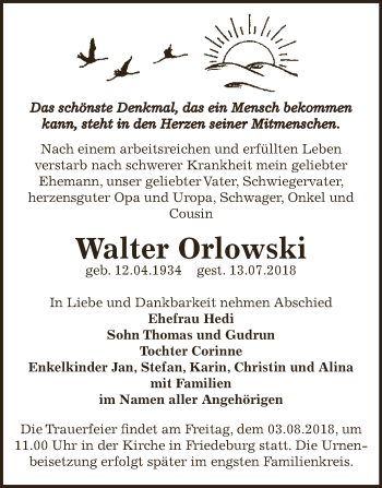 Traueranzeige von Walter Orlowski von Super Sonntag Bernburg