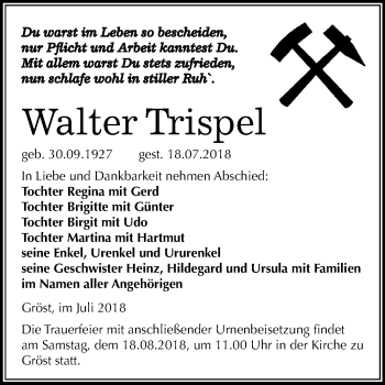 Traueranzeige von Walter Trispel von Mitteldeutsche Zeitung Merseburg/Querfurt