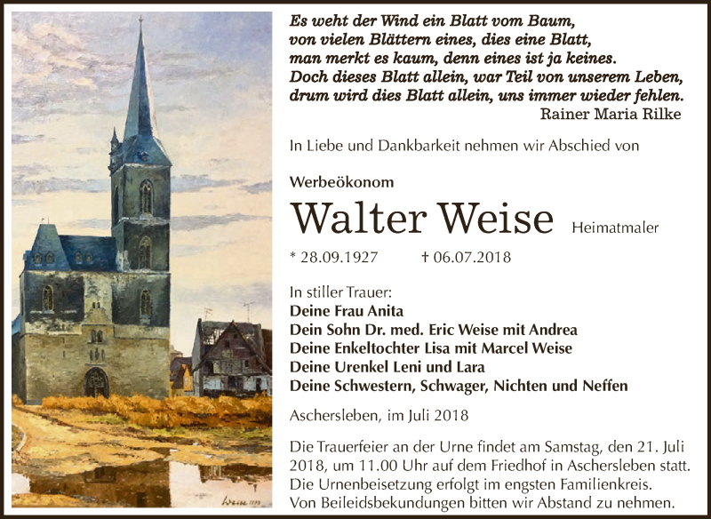  Traueranzeige für Walter Weise vom 18.07.2018 aus Super Sonntag Aschersleben