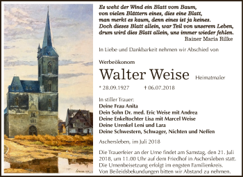 Traueranzeige von Walter Weise von Super Sonntag Aschersleben