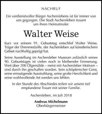 Traueranzeige von Walter Weise von Mitteldeutsche Zeitung