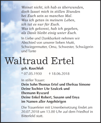 Traueranzeige von Waltraud Ertel von WVG - Wochenspiegel Bitterfeld