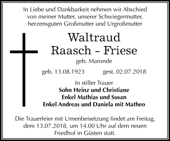 Traueranzeige von Waltraud Raasch-Friese von Mitteldeutsche Zeitung Bernburg