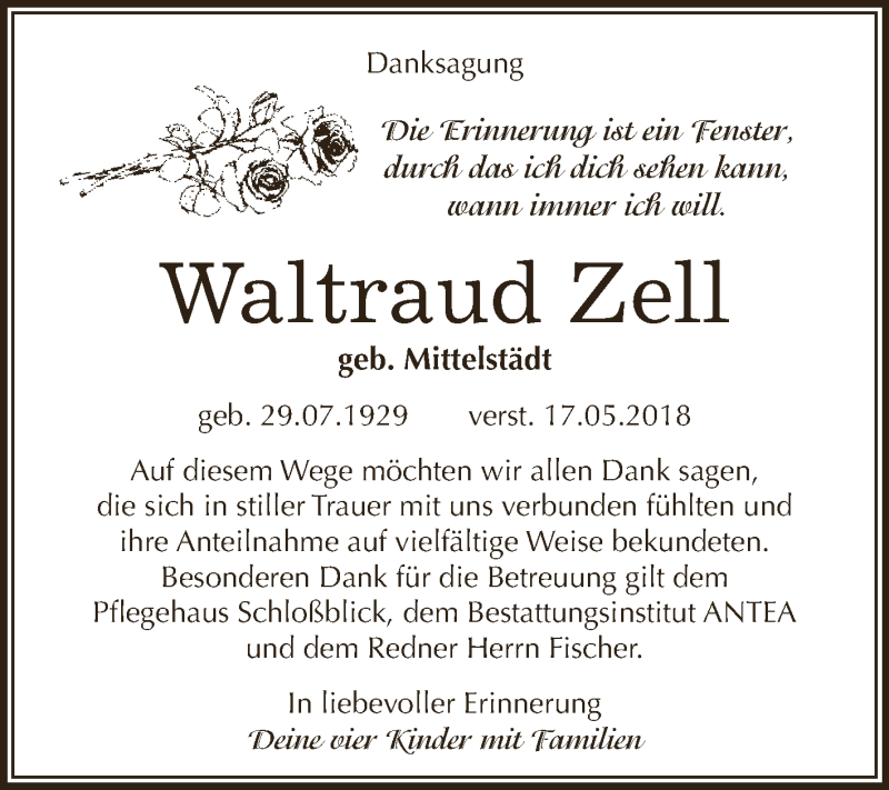  Traueranzeige für Waltraud Zell vom 04.07.2018 aus WVG - Wochenspiegel NMB / WSF / ZTZ