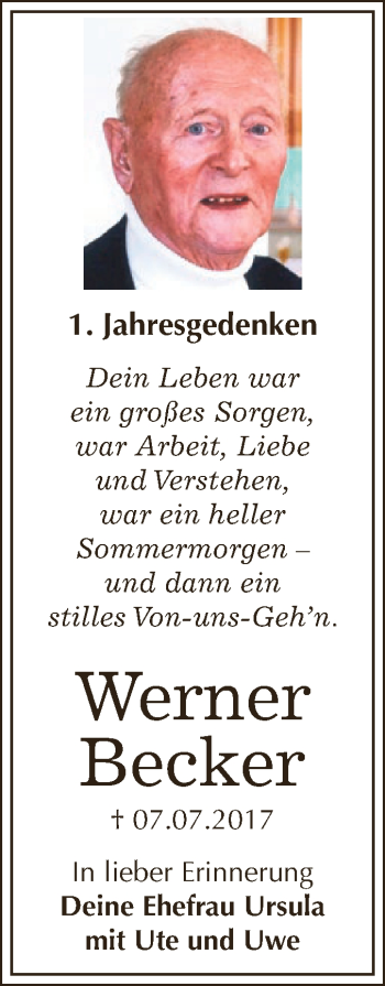 Traueranzeige von Werner Becker von WVG - Wochenspiegel Dessau / Köthen