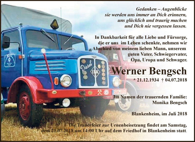  Traueranzeige für Werner Bengsch vom 18.07.2018 aus Wochenspiegel Mansfelder Land