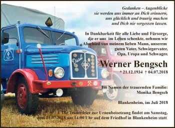 Traueranzeige von Werner Bengsch von WVG - Wochenspiegel SGH