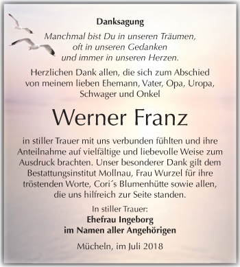 Traueranzeige von Werner Franz von Mitteldeutsche Zeitung Merseburg/Querfurt