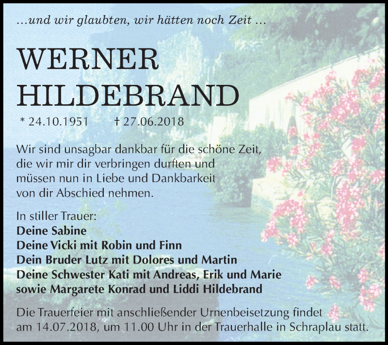  Traueranzeige für Werner Hildebrand vom 07.07.2018 aus Mitteldeutsche Zeitung