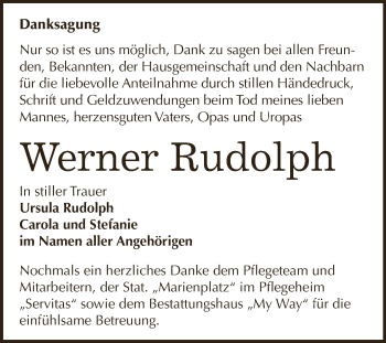 Traueranzeige von Werner Rudolph von WVG - Wochenspiegel NMB / WSF / ZTZ