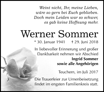 Traueranzeige von Werner Sommer von Mitteldeutsche Zeitung Weißenfels