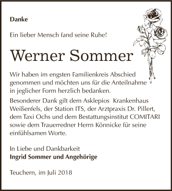 Traueranzeige von Werner Sommer von WVG - Wochenspiegel NMB / WSF / ZTZ